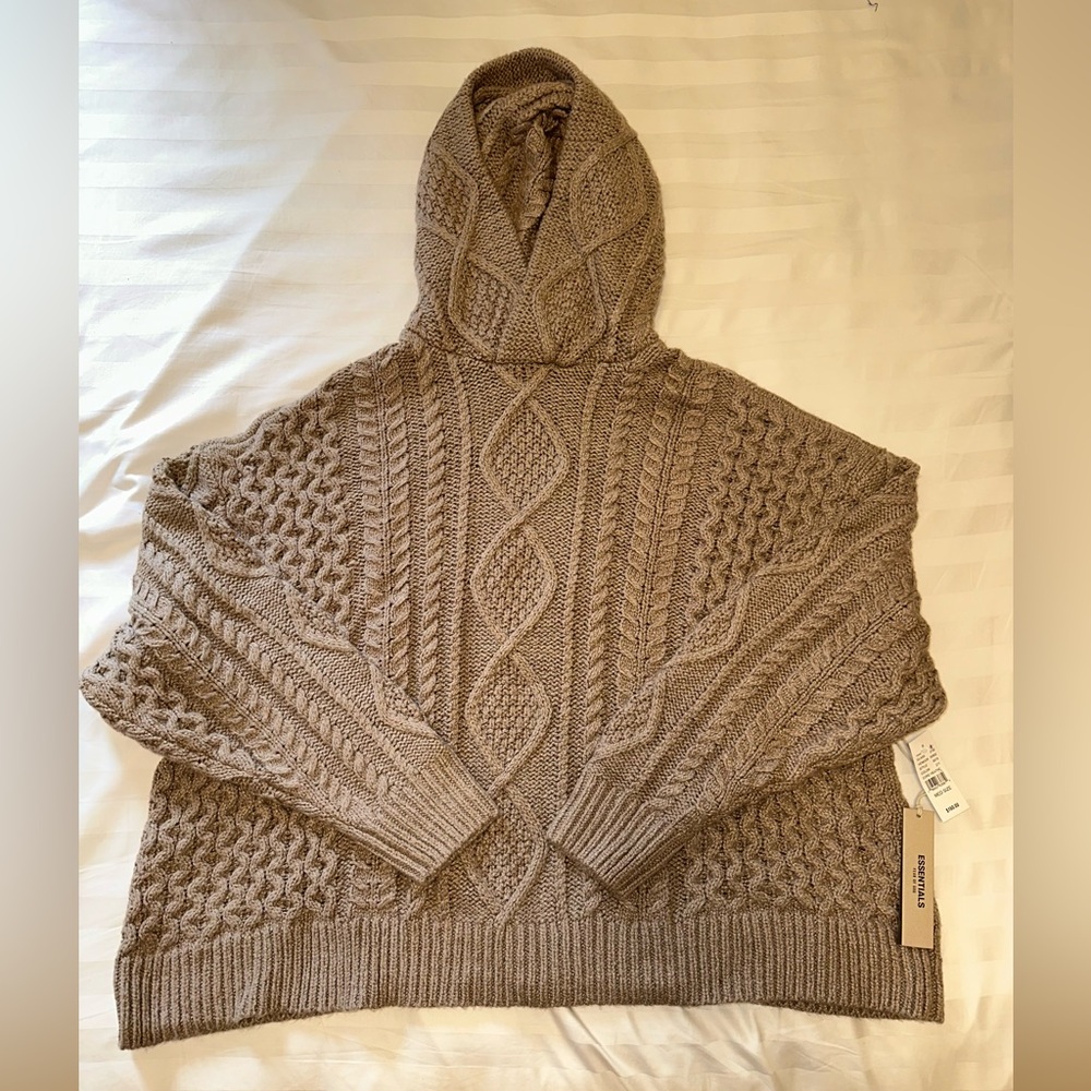 FEAR OF GOD Essentials Taupe Cable Knit Unisex Hoodie Sweater (M)